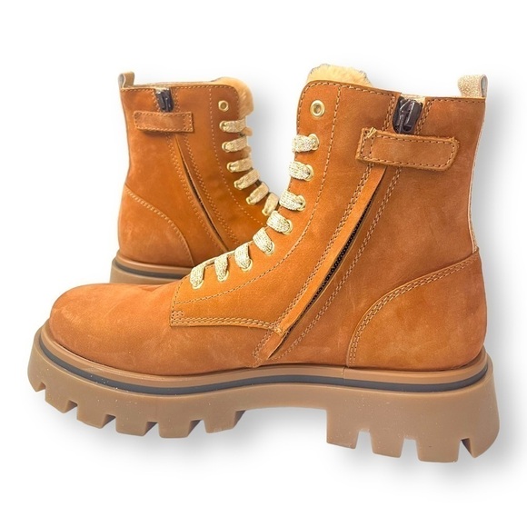 Beberlis Cognac Brown Suede Shearling Lace Up Combat Boots w/ Lug Soles NEW - Picture 2 of 14